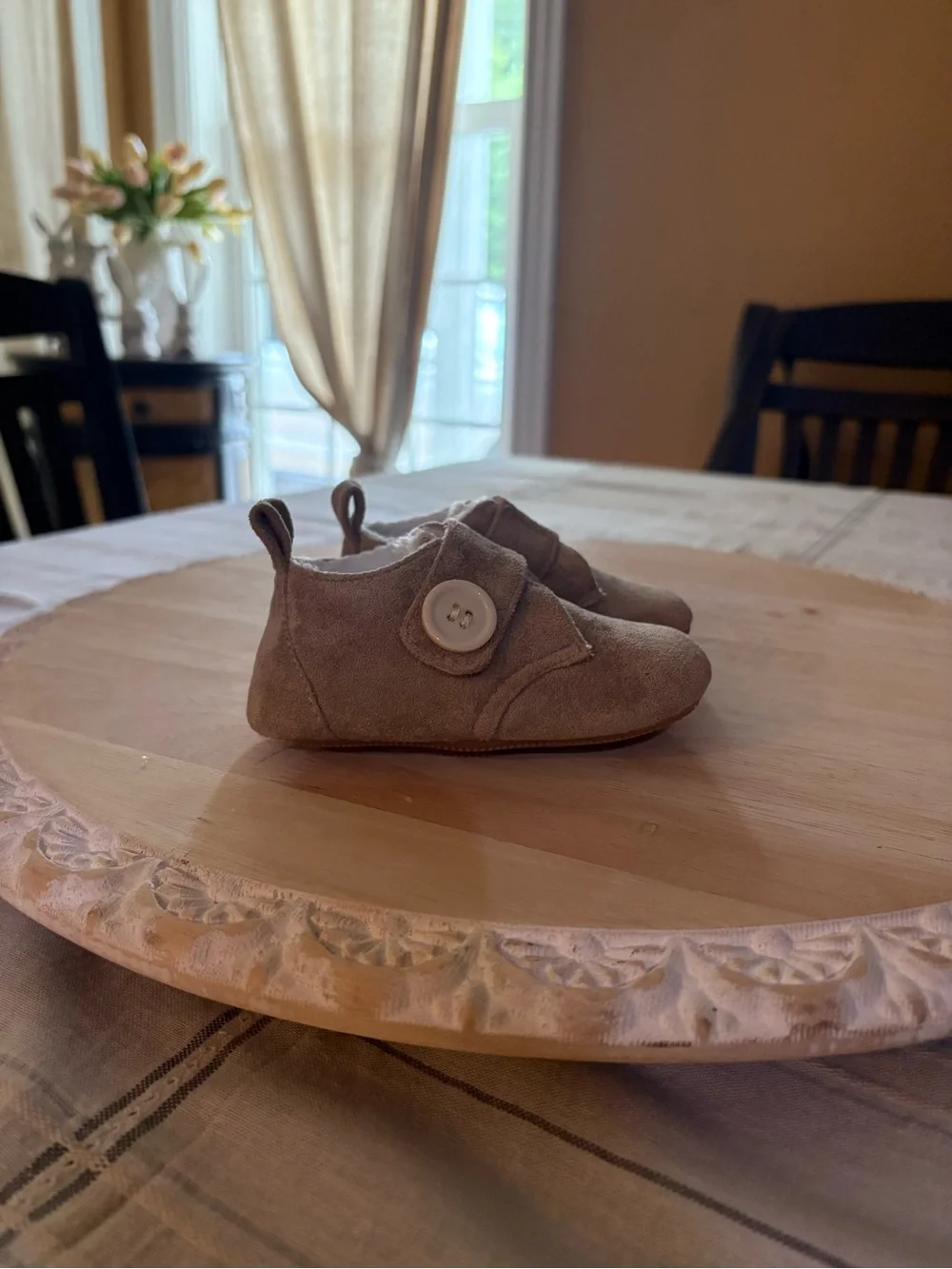 Baby Suede Button Moccasins in Taupe - Infant Walker Shoes